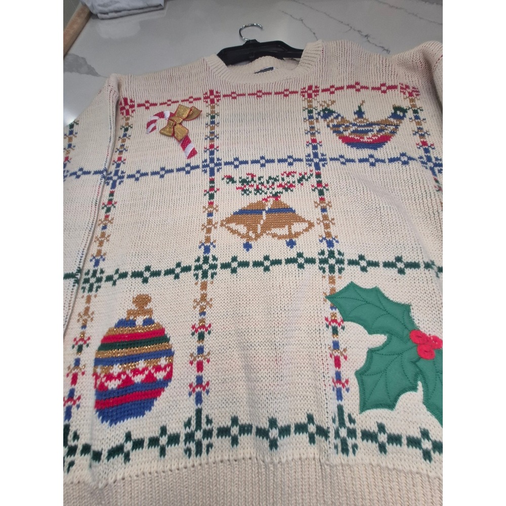 Vintage Melissa Burke Christmas Sweater Cream Cotton Embroidered Holiday Women M - Picture 2 of 8